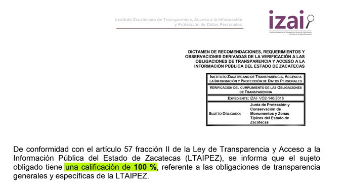 Renocimiento Del IZAI Por El Cumplimiento De Las Obligaciones De Transparencia A La Junta De Monumentos.